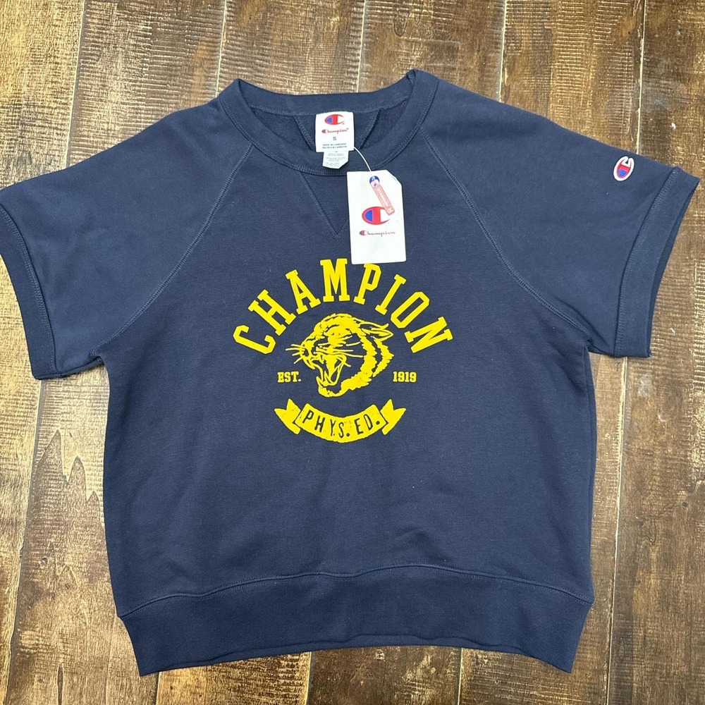 Champion Navy Blue Short Sleeved Crewneck Sweatshirt with Yellow Logo